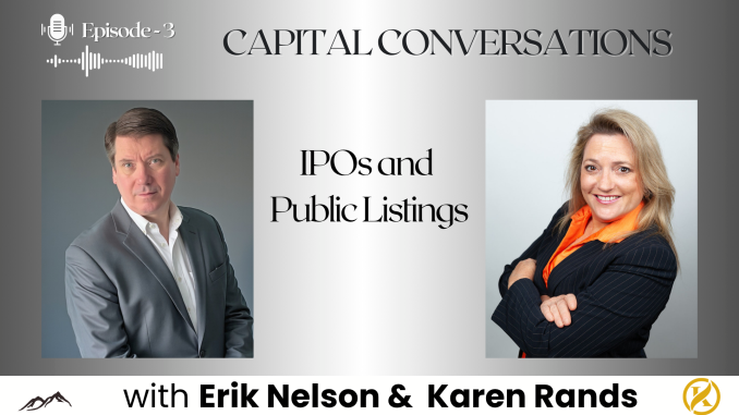 Episode 3 podcast thumbnail for Capital Conversations with Erik Nelson and Karen Rands. Features headshots of both hosts — a man in a gray suit on the left and a woman in a dark blazer with an orange scarf on the right — with the episode title 'IPOs and Public Listings' displayed in the center. A microphone icon and audio waveform graphic appear in the upper left corner.