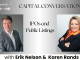 Episode 3 podcast thumbnail for Capital Conversations with Erik Nelson and Karen Rands. Features headshots of both hosts — a man in a gray suit on the left and a woman in a dark blazer with an orange scarf on the right — with the episode title 'IPOs and Public Listings' displayed in the center. A microphone icon and audio waveform graphic appear in the upper left corner.