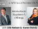 Episode 6 podcast thumbnail for Capital Conversations with Erik Nelson and Karen Rands. Features headshots of both hosts — a man in a gray suit on the left and a woman in a dark blazer with an orange scarf on the right — with the episode title 'Introduction to Regulation A Offerings' displayed in the center. A microphone icon and audio waveform graphic appear in the upper left corner.