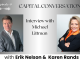 Episode 8 podcast thumbnail for Capital Conversations with Erik Nelson and Karen Rands. Features headshots of both hosts — a man in a gray suit on the left and a woman in a dark blazer with an orange scarf on the right — with the episode title 'Interview with Michael Littman' displayed in the center. A microphone icon and audio waveform graphic appear in the upper left corner.